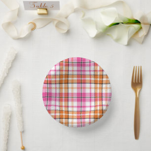 Weiß Rosa Orange Kariert Tartan Design Pappteller