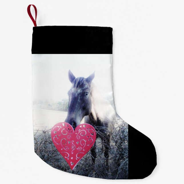 Weiß rosa schwarz / Pferd & Herz Weihnachtsferd Kleiner Weihnachtsstrumpf (Vorderseite)