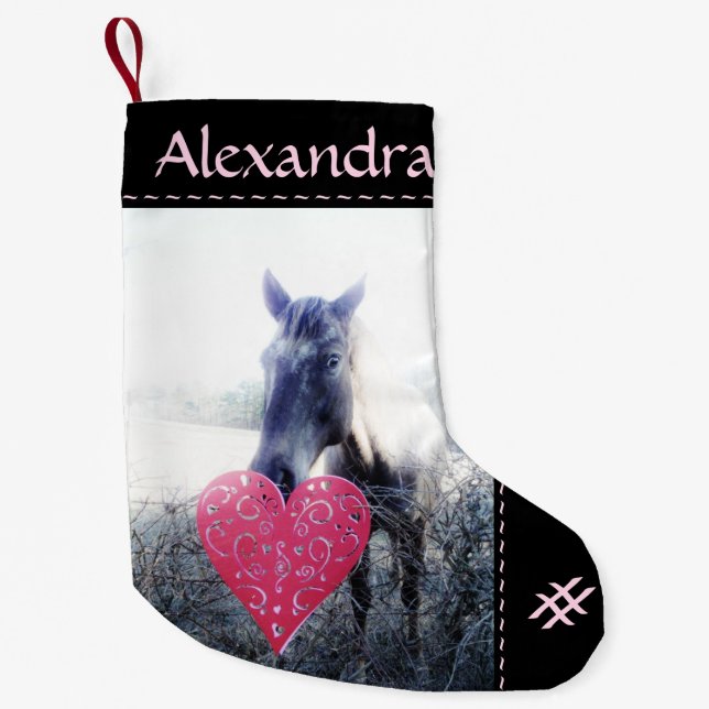Weiß rosa schwarz / Pferd & Herz Weihnachtsferd Kleiner Weihnachtsstrumpf (Vorderseite)