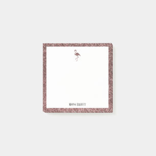 Weiß + Roségold Glitter Flamingo & Rand, Name Post-it Klebezettel