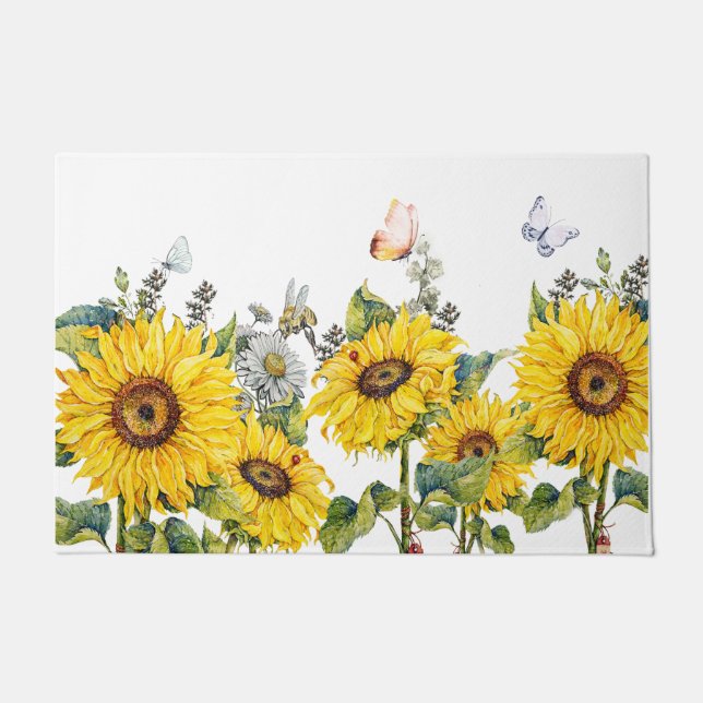 Weiß schöner Sonnenblumengarten und Schmetterling Fußmatte (Vorderseite)