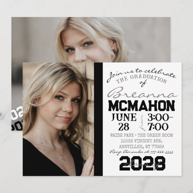 Weiß & Schwarz Abschluss 2 Foto Einladung (Vorne/Hinten)