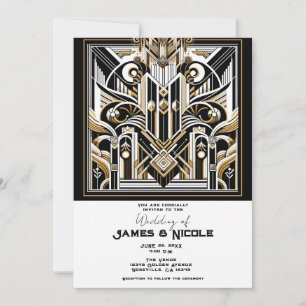 Weiß Schwarz Gold Art Deco Roaring Twenties Hochze Einladung