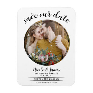 Weiß & Schwarz Modernes rundes Foto Save-the-Date Magnet