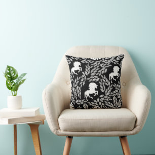 Weiß & Schwarz Trendy Unicorn & Blumenmuster Kissen