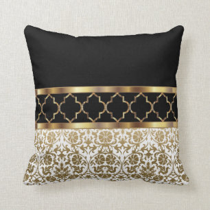 Weiß, Schwarz und Gold Quatrefolien und Damask Mu Kissen