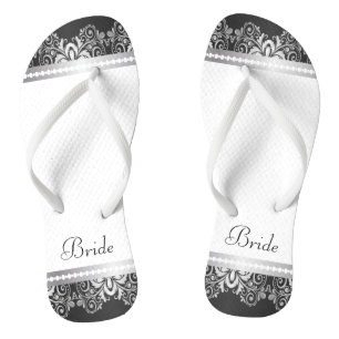 Weiß, Schwarz und Silber Hochzeitsparty Flip Flops