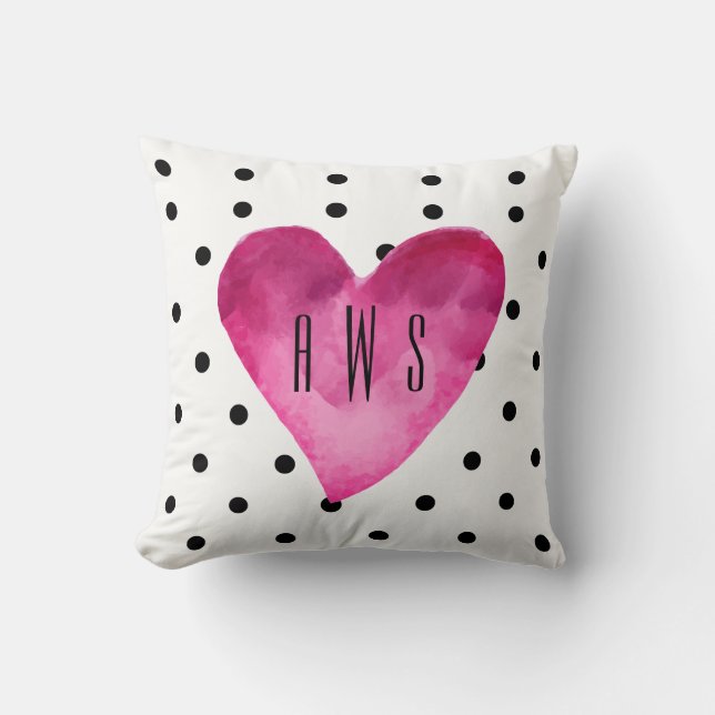 Weiß + Schwarze Polka Punkte Wasserfarben Herz Mon Kissen (Vorderseite)