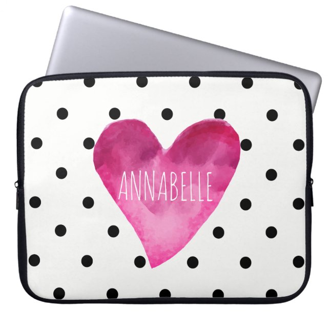 WEISS + Schwarze Polka Punkte Wasserfarben Herzmon Laptopschutzhülle (Vorderseite)