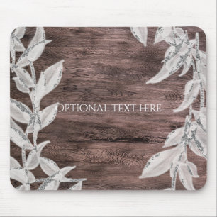 Weiß & silber Blätter & Rustikales Holz Elegant Mousepad