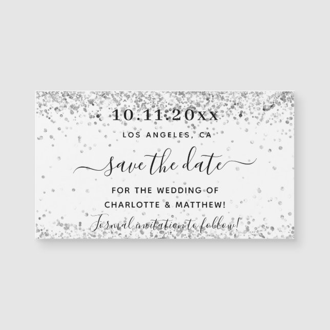 Weiß silberne Glitzer Hochzeit speichern Sie den D Magnetkarte (Vorderseite)