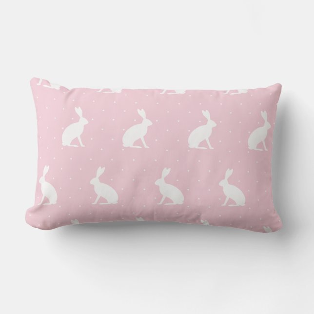 Weiß sitzende Bunnies Muster. Rosa Lendenkissen (Vorderseite)