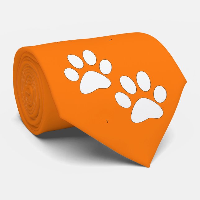 Weiß-Sport-Maskottchen-Tatzen-Drucke auf Orange Krawatte (Gerollt)