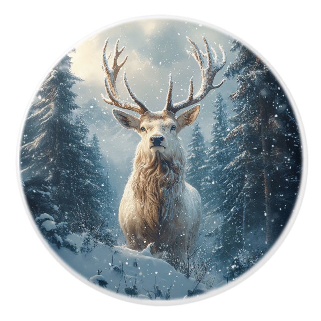 Weiß Stag im Winterwald Kunst Keramikknauf (Vorderseite)
