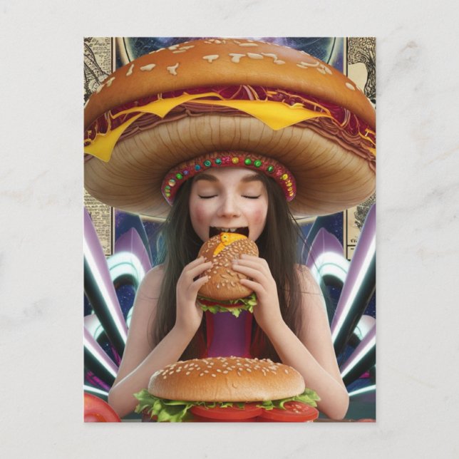 Weiß Surreal Girl mit Cheeseburger Hat Scifi Postkarte (Vorderseite)