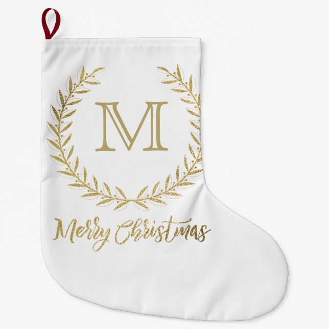 Weiß u. Goldblatt-Monogramm-frohe Weihnachten Großer Weihnachtsstrumpf (Vorderseite)