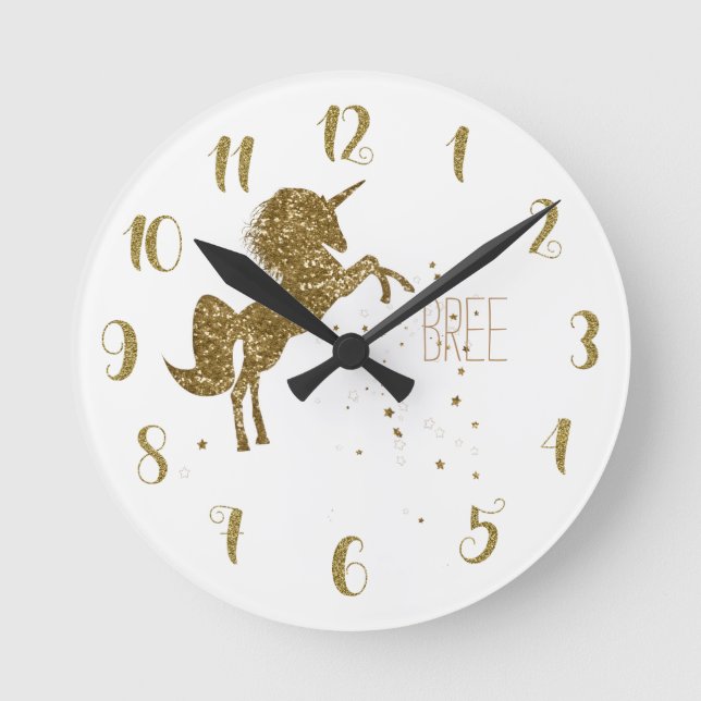 Weiß u. GoldGlitzer-Unicorn u. Sterne Runde Wanduhr (Vorderseite)