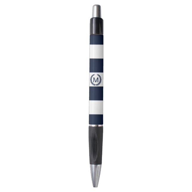 Weiß-u. Marine-Blau-gestreiftes Monogramm Kugelschreiber (Vorderseite Vertikal)