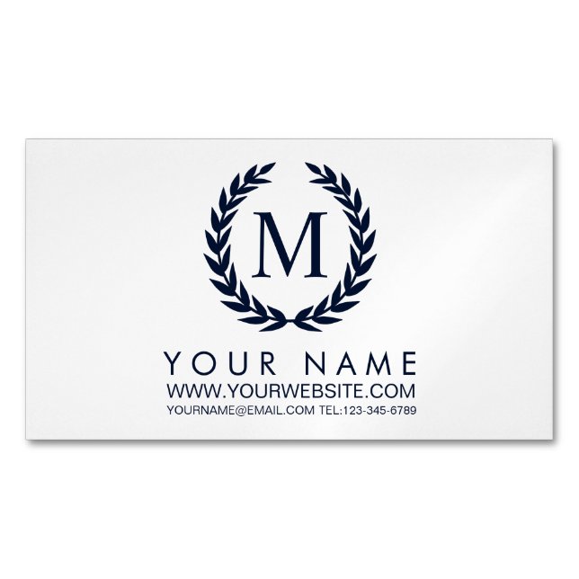 Weiß-u. Marine-Blau-Lorbeer-Kranz-Monogramm Magnetische Visitenkarte (Vorderseite)