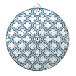 Weiß und Baby Blue Trellis, Gitter, Quatrefolie Dartscheibe