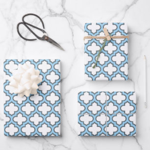 Weiß und Baby Blue Trellis, Gitter, Quatrefolie Geschenkpapier Set