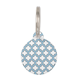 Weiß und Baby Blue Trellis, Gitter, Quatrefolie Haustiermarke
