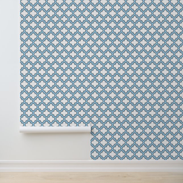 Weiß und Baby Blue Trellis, Gitter, Quatrefolie Tapete (Anwendung)