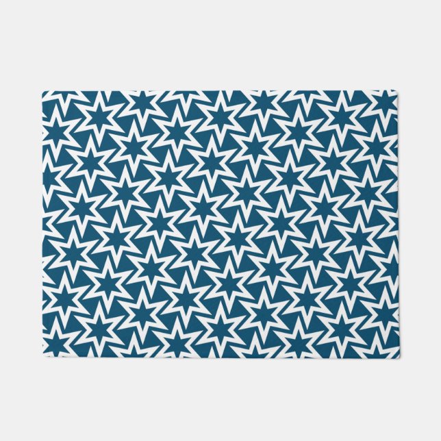 Weiß und Blau Geometrisches Sternmuster Fußmatte (Vorderseite)