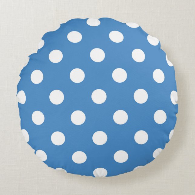 Weiß und blau Polka Dot Round Pillow Rundes Kissen (Vorderseite)