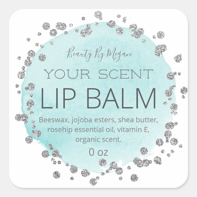 weiß und blau | Silver Dots Lip Balm Labels Quadratischer Aufkleber (Vorderseite)