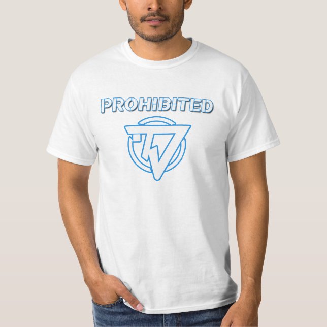 Weiß und Blau "Verboten" am Schwarzen T - Shirt (Vorderseite)