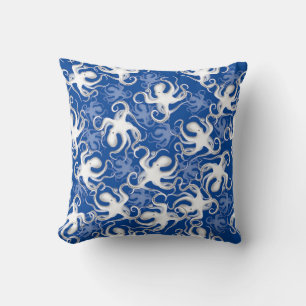 Weiß und blau wiederholendes Motiv   Octopus Patte Kissen