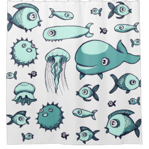Weiß und blaue u. aquamarine Fische, die Duschvorhang
