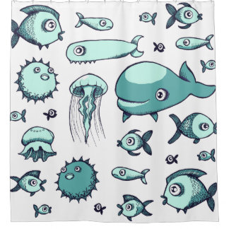 Weiß und blaue u. aquamarine Fische, die Duschvorhang