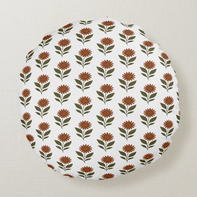 Weiß und Braun Floral Boho Rundes Kissen (Rückseite)