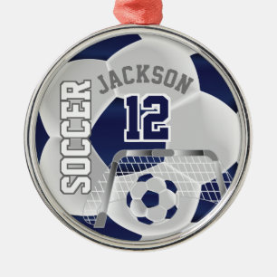 Weiß und Dunkelblau personalisieren Fußball ⚽ Silbernes Ornament
