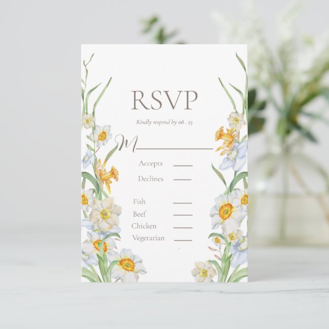 Weiß und gelb, florale Grenz-Hochzeit RSVP (Stehend Vorderseite)