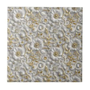 Weiß und Gold 3D Elegante Blumen Fliese
