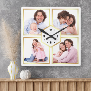 Weiß und Gold 4 Bilder Familienfoto-Collage Quadratische Wanduhr