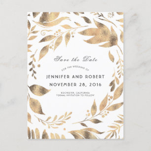 Weiß und Gold Blätter Kranz Save the Date Ankündigungspostkarte