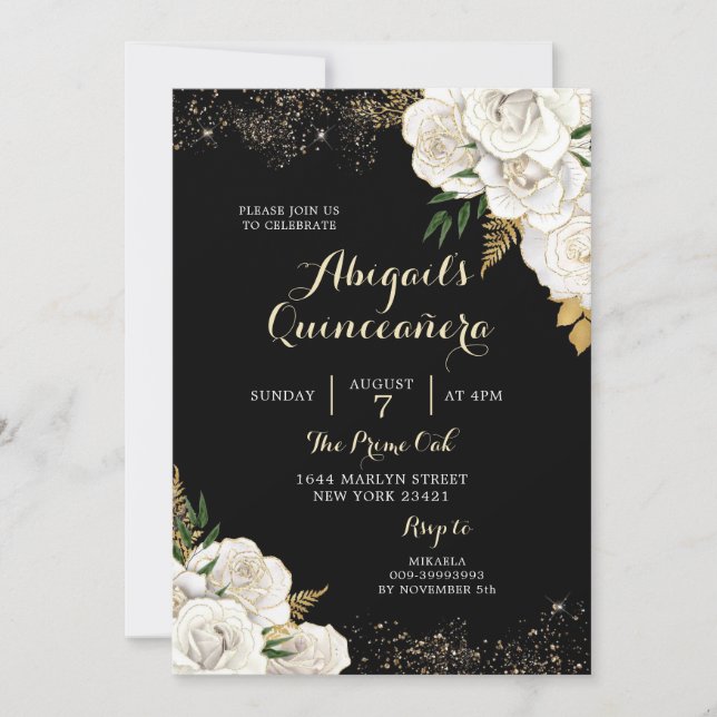 Weiß und Gold, mexikanisches Quinceañera Einladung (Vorderseite)