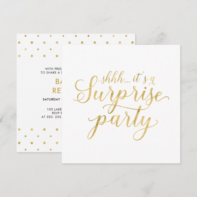 Weiß und Gold | Modern Surprise Retirement Party Einladung (Vorne/Hinten)