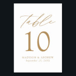 Weiß und Gold Moderne Hochzeit Tischnummer<br><div class="desc">Trendy, minimalistische Hochzeitskarten mit moderner Goldschrift mit "Table" in moderner Kalligraphie-Schrift. Das Design weist einen weißen Hintergrund oder eine Farbe Ihrer Wahl auf. Das Design wiederholt sich auf der Rückseite. Um die Tischkarten zu bestellen: Fügen Sie Ihren Namen, Ihr Hochzeitstag und Ihre Tischnummer hinzu. Fügen Sie jede Nummer einzeln in...</div>