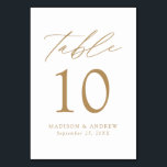 Weiß und Gold Moderne Hochzeit Tischnummer<br><div class="desc">Trendy, minimalistische Hochzeitskarten mit moderner Goldschrift mit "Table" in moderner Kalligraphie-Schrift. Das Design weist einen weißen Hintergrund oder eine Farbe Ihrer Wahl auf. Das Design wiederholt sich auf der Rückseite. Um die Tischkarten zu bestellen: Fügen Sie Ihren Namen, Ihr Hochzeitstag und Ihre Tischnummer hinzu. Fügen Sie jede Nummer einzeln in...</div>