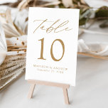 Weiß und Gold Moderne Hochzeit Tischnummer<br><div class="desc">Trendy, minimalistische Hochzeitskarten mit moderner Goldschrift mit "Table" in moderner Kalligraphie-Schrift. Das Design weist einen weißen Hintergrund oder eine Farbe Ihrer Wahl auf. Das Design wiederholt sich auf der Rückseite. Um die Tischkarten zu bestellen: Fügen Sie Ihren Namen, Ihr Hochzeitstag und Ihre Tischnummer hinzu. Fügen Sie jede Nummer einzeln in...</div>