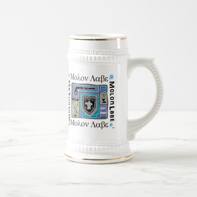 Weiß und Goldbier Stein mit Molon Labe Logo Bierglas (Rechts)