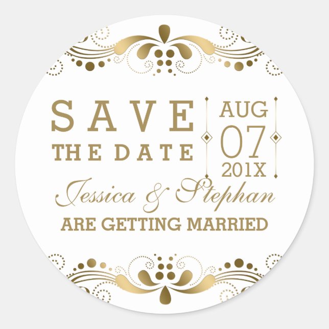 Weiß- und Goldfloralleiste Save the Date Runder Aufkleber (Vorderseite)