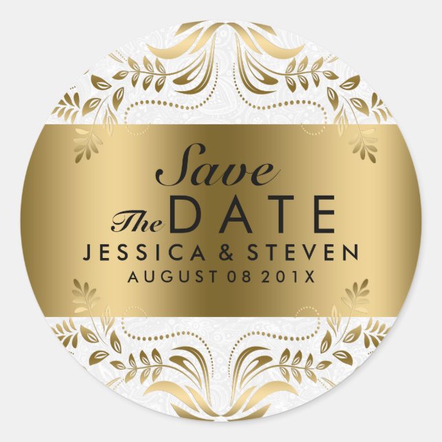 Weiß- und Goldfloralleiste Save the Date Runder Aufkleber (Vorderseite)