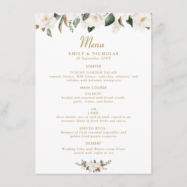 Weiß- und Goldmagnolia-Hochzeit Menükarte (Vorderseite)