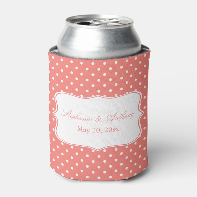 Weiß und Korallenrosa Polka Dot Wedding Dosenkühler (Kanne Vorderseite)